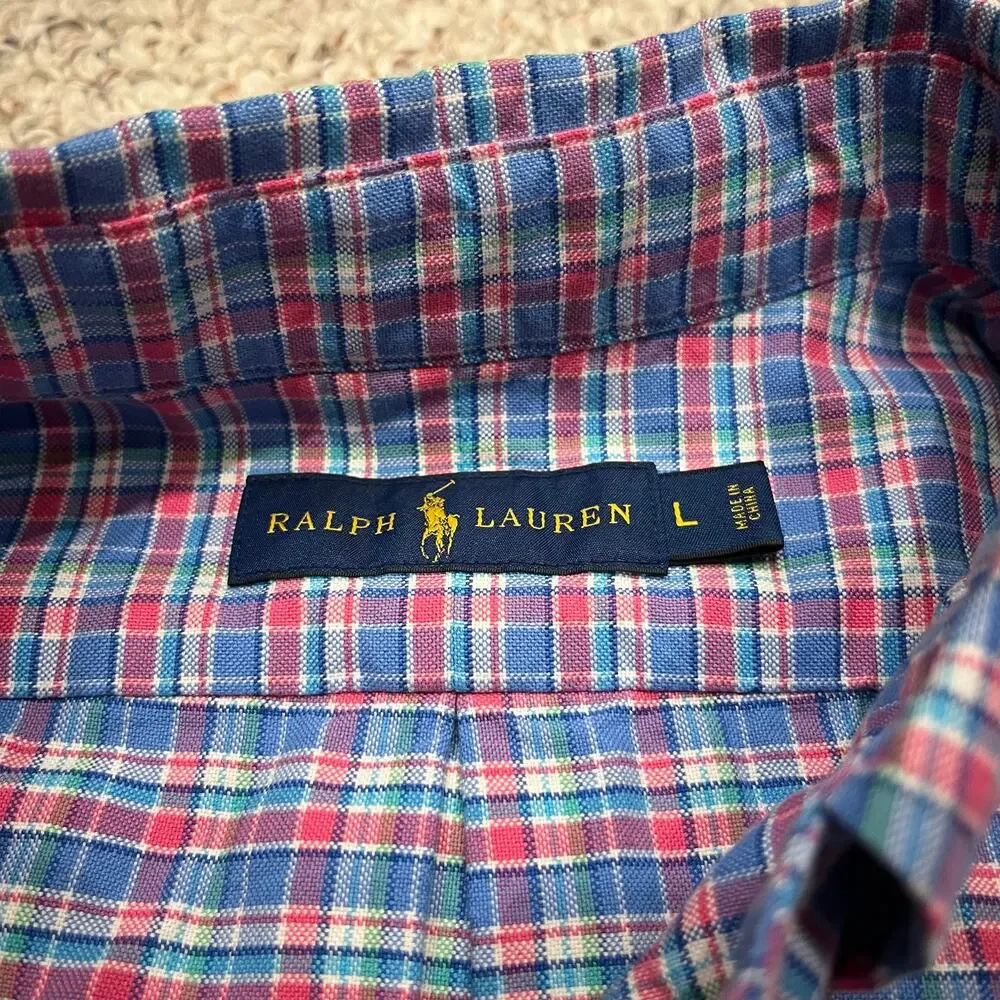 Ralph Lauren Men's Button Down Long Sleeve Shirt Sz L Plaid Flesh Pony Blue Pink